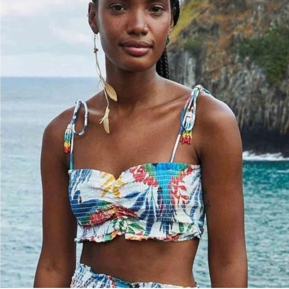 NWT FARM Rio Macaw Wind Cotton Crop Top Beaded Shoulder Tie